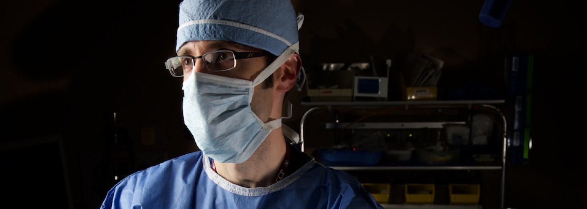 closeup of Dr. David Sonetti masked face in the endoscopy suite