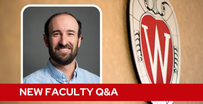 A professional headshot of Dr. Temte over a tan background with a Wisconsin crest, and white text on a red bar saying "New Faculty Q&A".