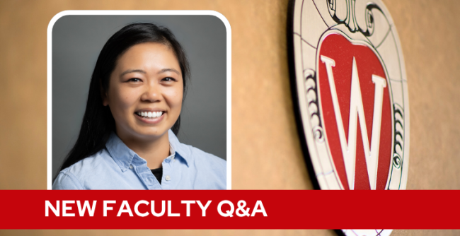 A professional headshot of Dr. Fena over a tan background with a Wisconsin crest, and white text on a red bar saying "New Faculty Q&A".