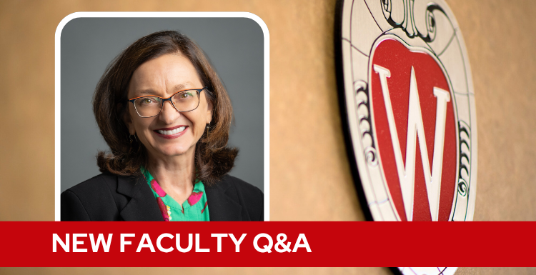 A professional headshot of Dr. Ellis over a tan background with a Wisconsin crest, and white text on a red bar saying "New Faculty Q&A".