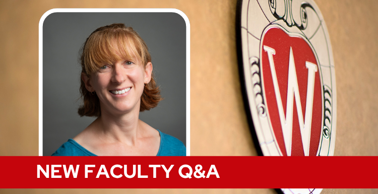 A professional headshot of Dr. Plews-Ogan over a tan background with a Wisconsin crest, and white text on a red bar saying "New Faculty Q&A".