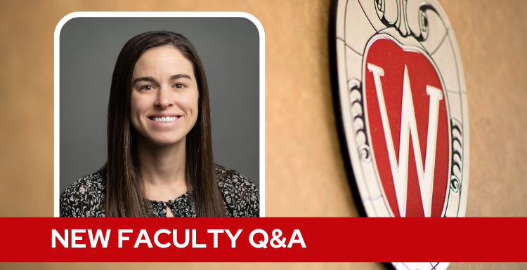 A professional headshot of Dr. Wells over a tan background with a Wisconsin crest, and white text on a red bar saying "New Faculty Q&A".