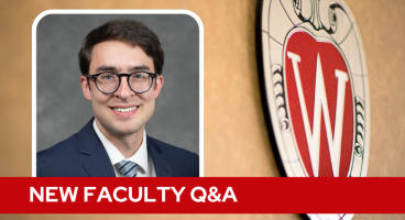 A professional headshot of Dr. Scolarici over a tan background with a Wisconsin crest, and white text on a red bar saying "New Faculty Q&A".