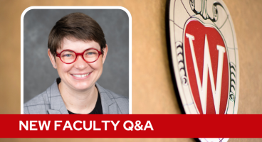 A professional headshot of Dr. Hughey over a tan background with a Wisconsin crest, and white text on a red bar saying "New Faculty Q&A".