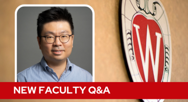 A professional headshot of Dr. Kim over a tan background with a Wisconsin crest, and white text on a red bar saying "New Faculty Q&A".