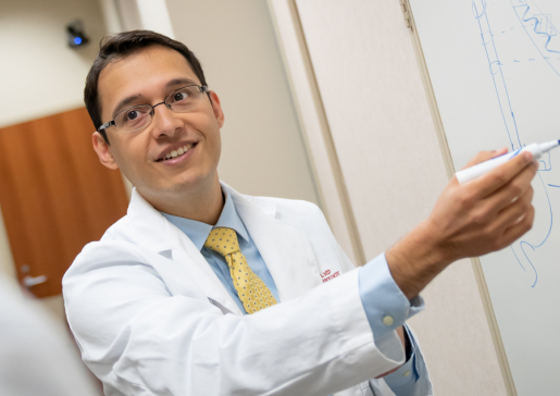 Dr. Lomeli teaching a fellow at the whiteboard