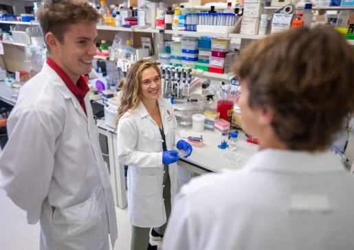 Student Walter Stanwood and faculty member Dr. Lee Eckhardt talk with a team member in Dr. Eckhardt's lab