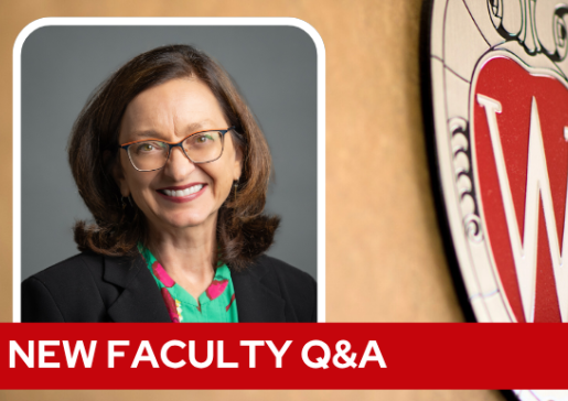 A professional headshot of Dr. Ellis over a tan background with a Wisconsin crest, and white text on a red bar saying "New Faculty Q&A".
