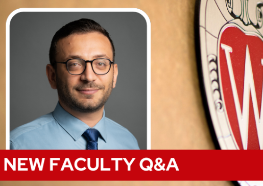 A professional headshot of Dr. Mrad over a tan background with a Wisconsin crest, and white text on a red bar saying "New Faculty Q&A".