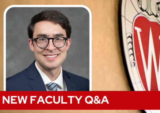 A professional headshot of Dr. Scolarici over a tan background with a Wisconsin crest, and white text on a red bar saying "New Faculty Q&A".