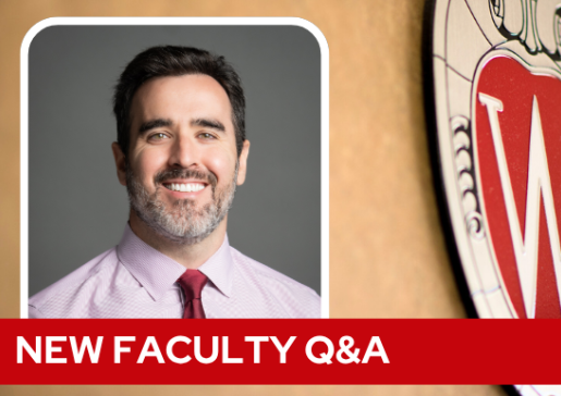 A professional headshot of Dr. Young over a tan background with a Wisconsin crest, and white text on a red bar saying "New Faculty Q&A".