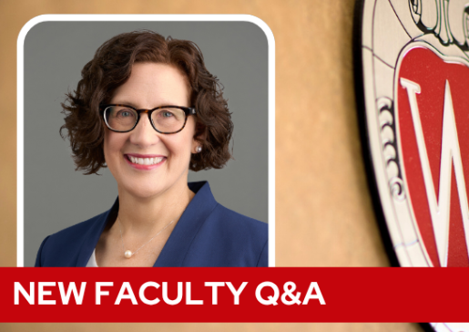 A professional headshot of Dr. Hildebrand over a tan background with a Wisconsin crest, and white text on a red bar saying "New Faculty Q&A".