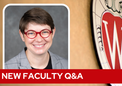 A professional headshot of Dr. Hughey over a tan background with a Wisconsin crest, and white text on a red bar saying "New Faculty Q&A".